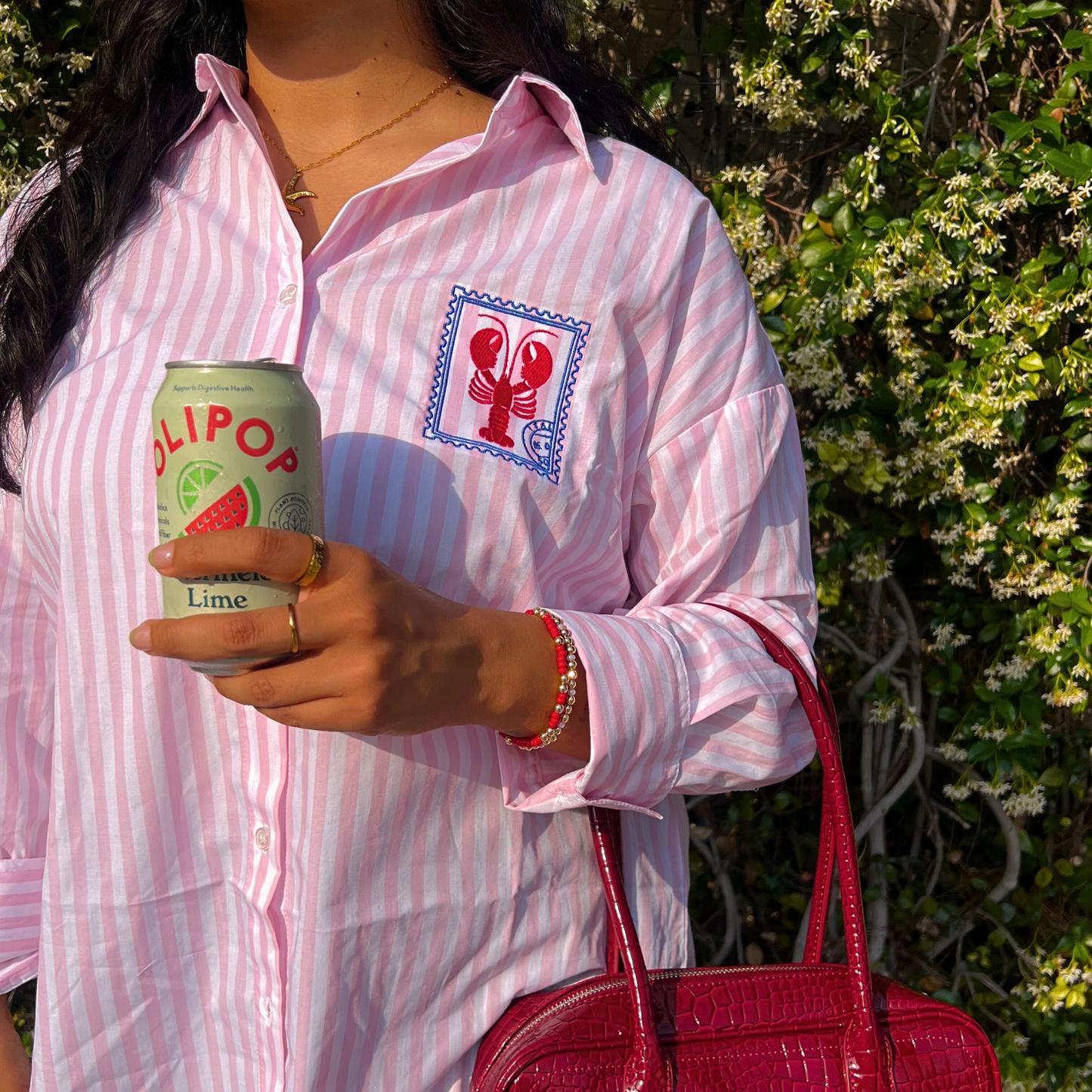 Lobster Pink & White Striped Button Up