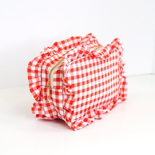 Gingham Ruffle Zipper Pouch Customizable