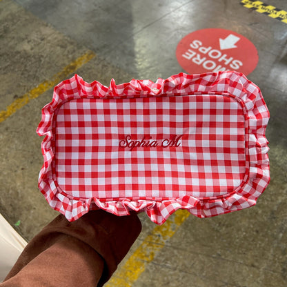 Gingham Ruffle Zipper Pouch Customizable