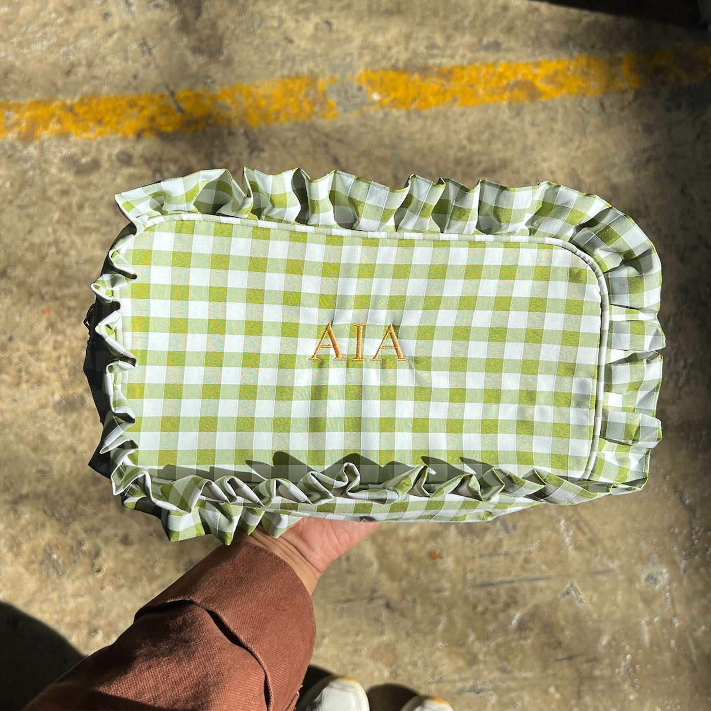 Gingham Ruffle Zipper Pouch Customizable