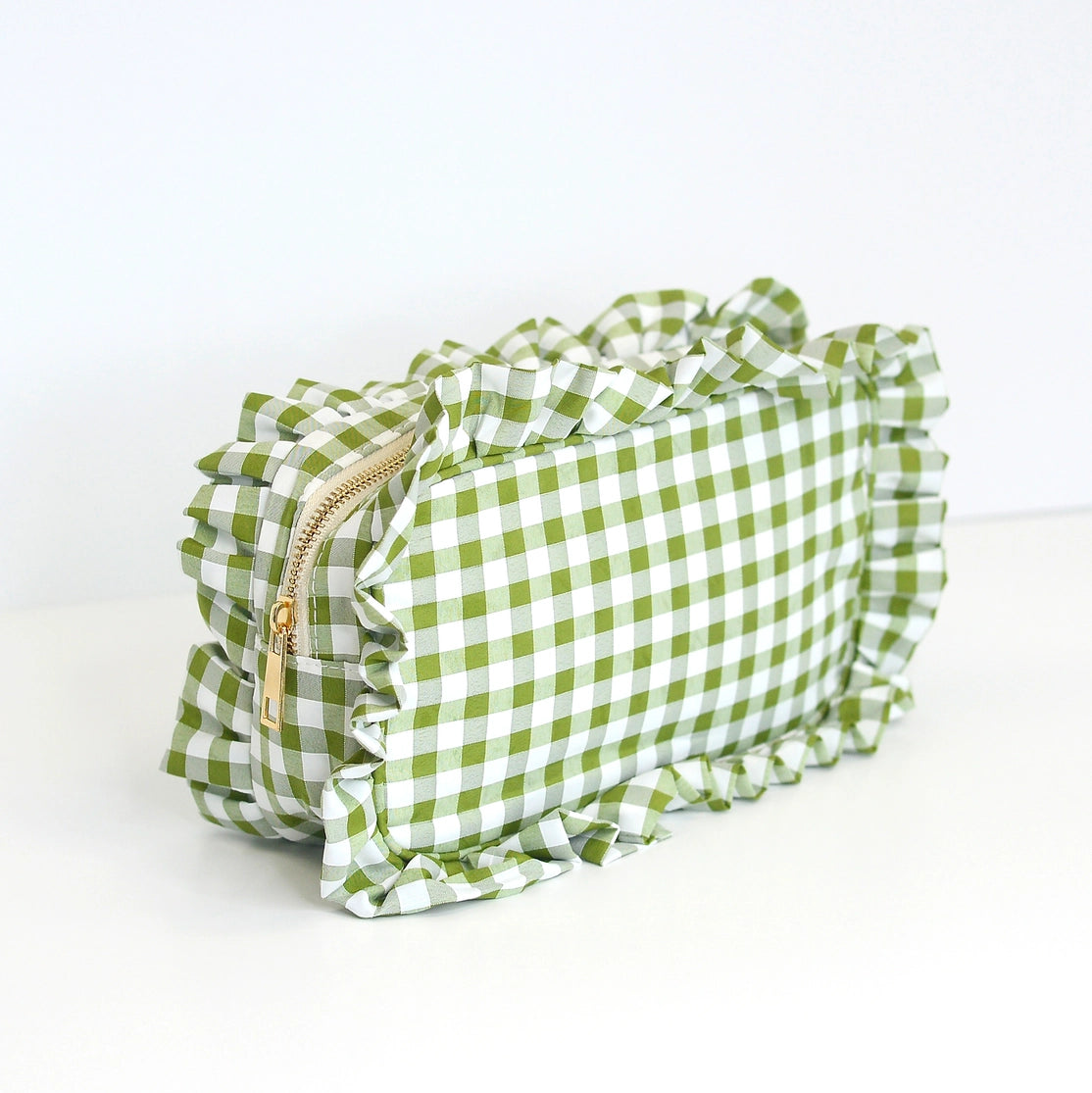 Gingham Ruffle Zipper Pouch Customizable