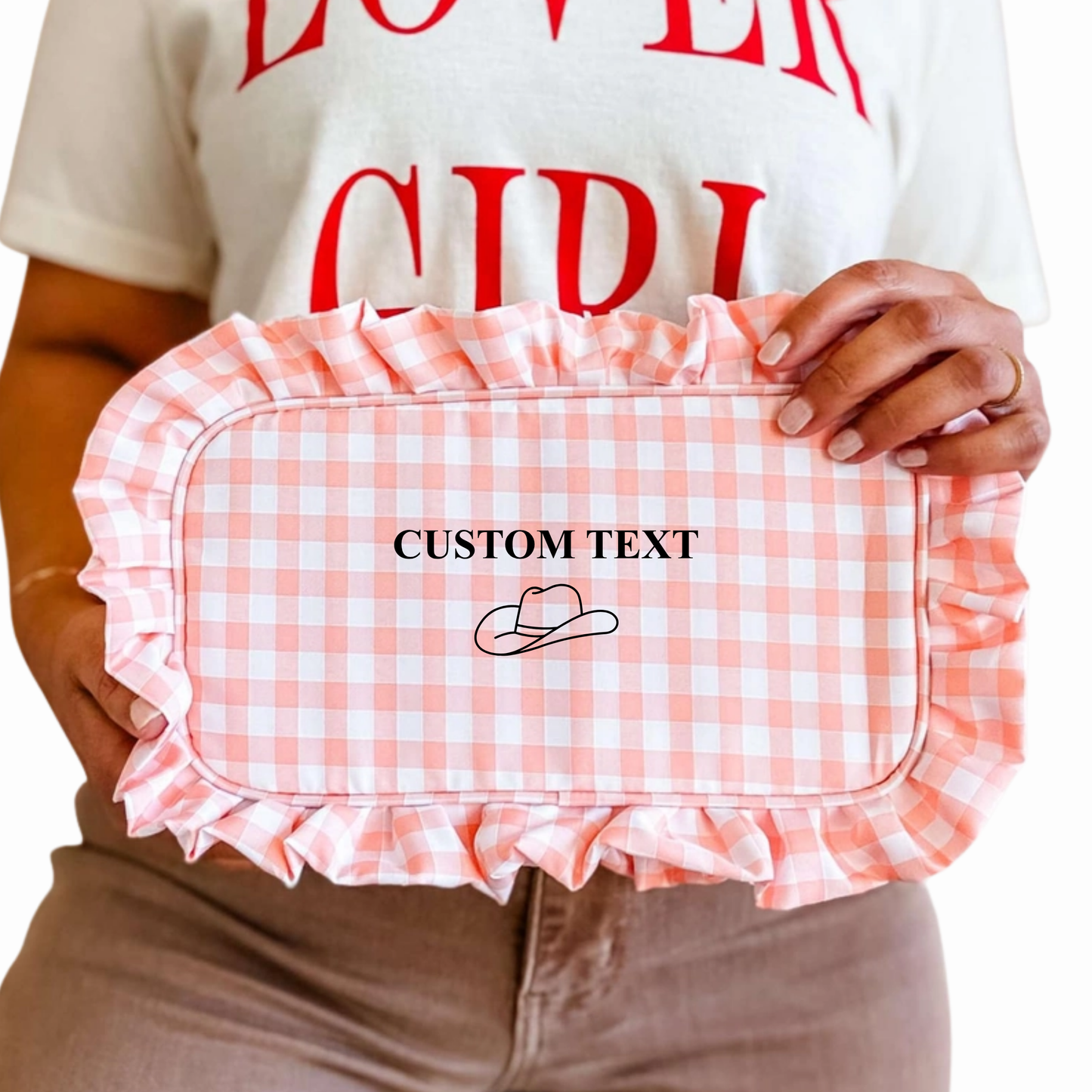Gingham Ruffle Zipper Pouch Customizable