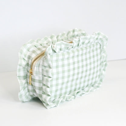 Gingham Ruffle Zipper Pouch Customizable